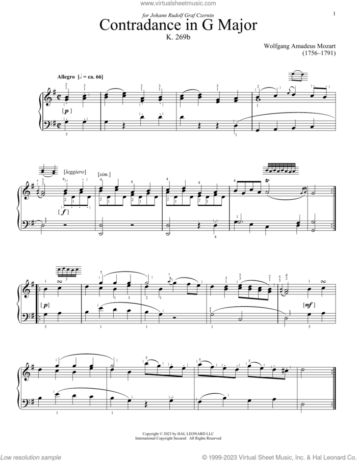 Contredance sheet music for piano solo by Wolfgang Amadeus Mozart, classical score, intermediate skill level
