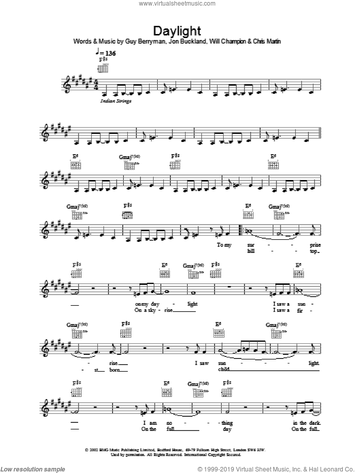 Daylight sheet music for voice and other instruments (fake book) by Coldplay, intermediate skill level