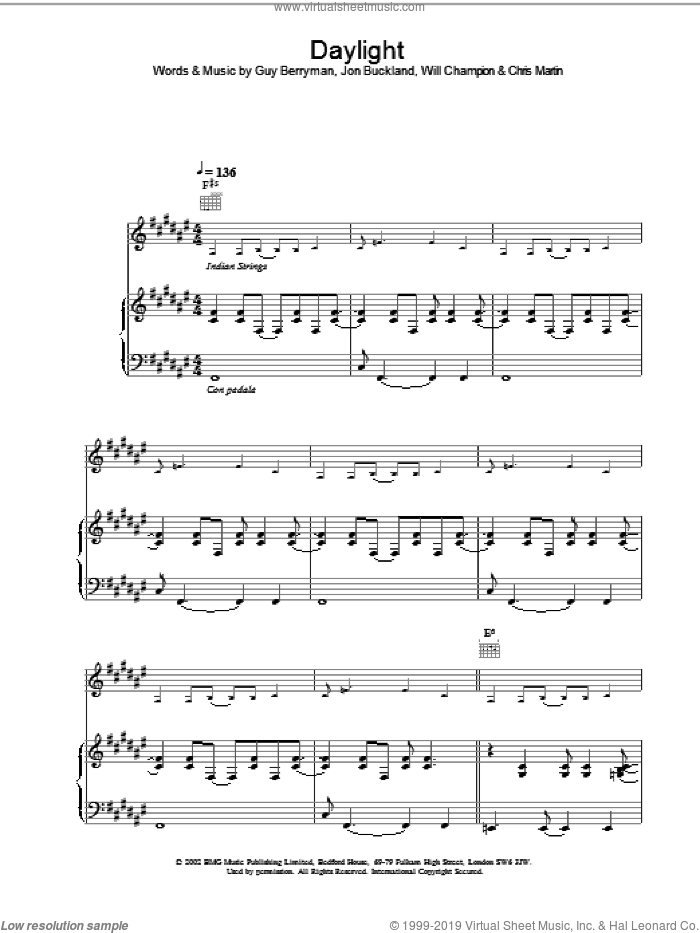 Daylight sheet music for voice, piano or guitar by Coldplay, intermediate skill level