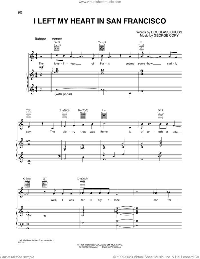 I Left My Heart In San Francisco sheet music for voice, piano or guitar by Tony Bennett and George Michael, Douglass Cross and George Cory, intermediate skill level