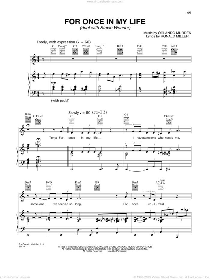 For Once In My Life sheet music for voice, piano or guitar by Tony Bennett and Stevie Wonder, Orlando Murden and Ron Miller, intermediate skill level