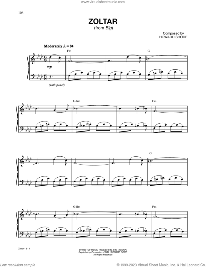 Zoltar (from Big) sheet music for piano solo by Howard Shore, intermediate skill level