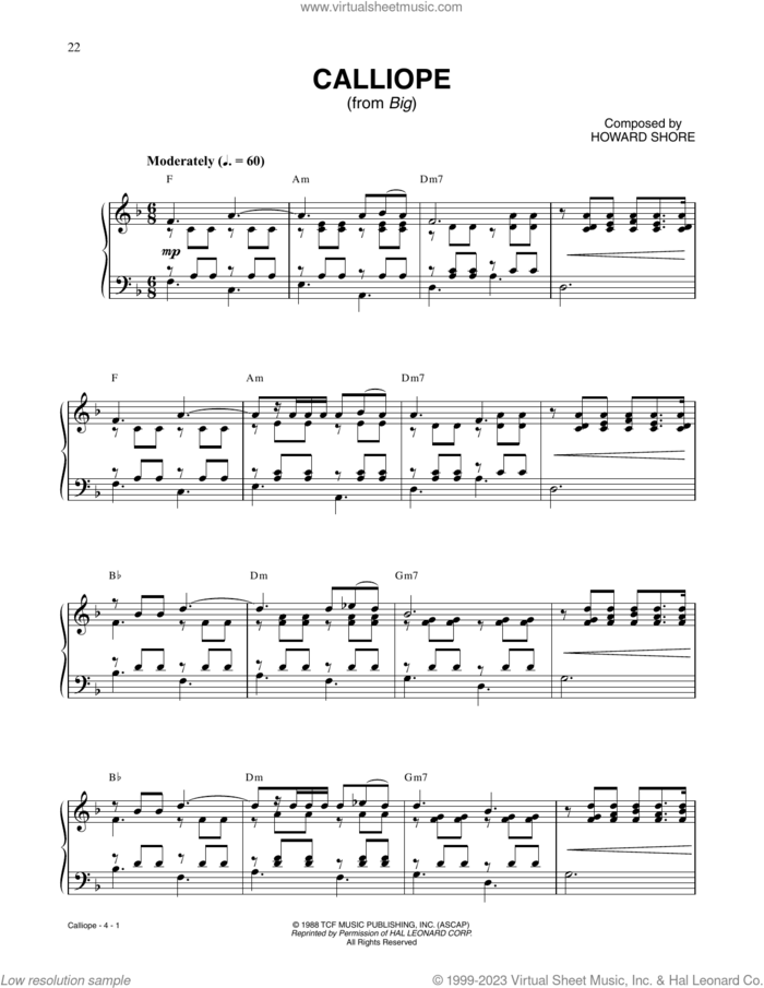 Calliope (from Big) sheet music for piano solo by Howard Shore, intermediate skill level