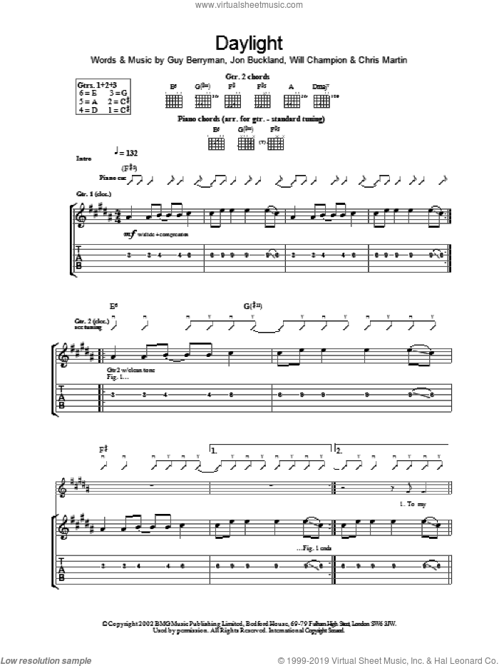 Daylight sheet music for guitar (tablature) by Coldplay, intermediate skill level