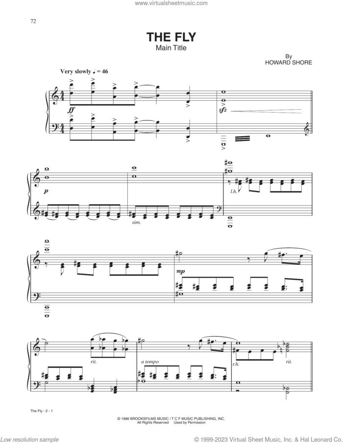 The Fly (Main Title) sheet music for piano solo by Howard Shore, intermediate skill level