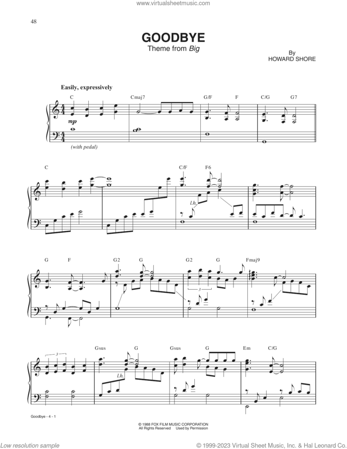 Goodbye (Theme from BIG) sheet music for piano solo by Howard Shore, intermediate skill level