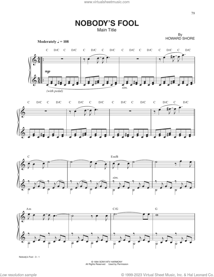 Nobody's Fool (Main Title) sheet music for piano solo by Howard Shore, intermediate skill level