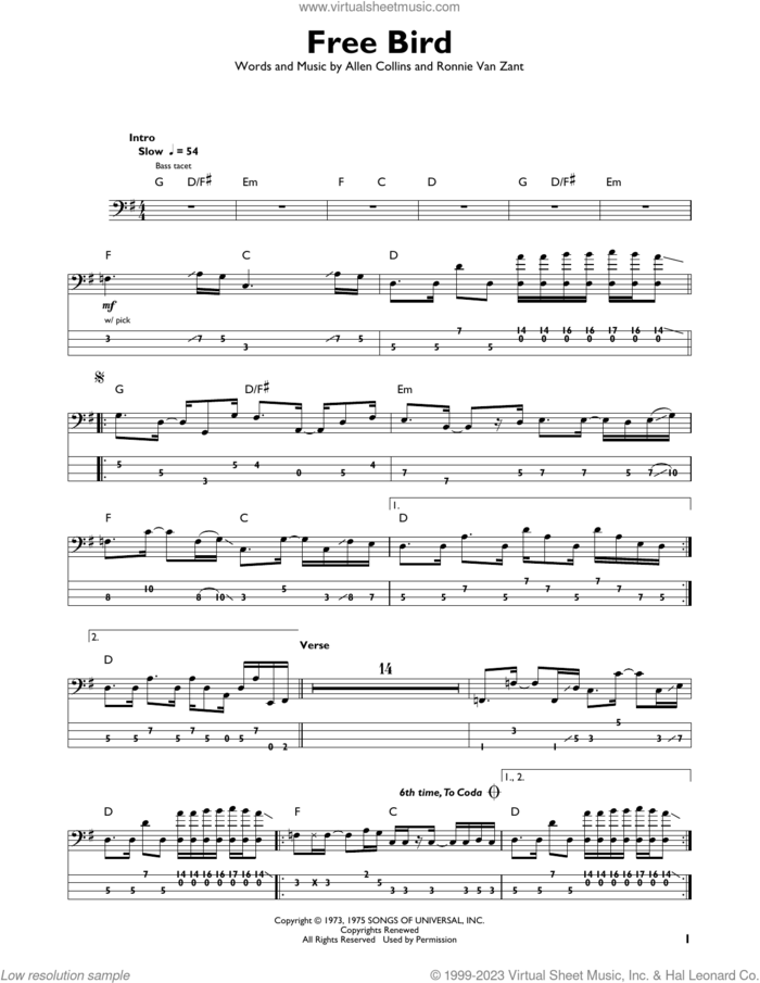 Free Bird sheet music for bass solo by Lynyrd Skynyrd, Allen Collins and Ronnie Van Zant, intermediate skill level