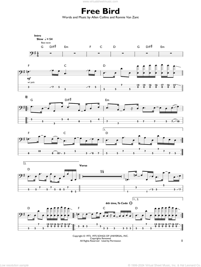 Free Bird sheet music for bass solo by Lynyrd Skynyrd, Allen Collins and Ronnie Van Zant, intermediate skill level