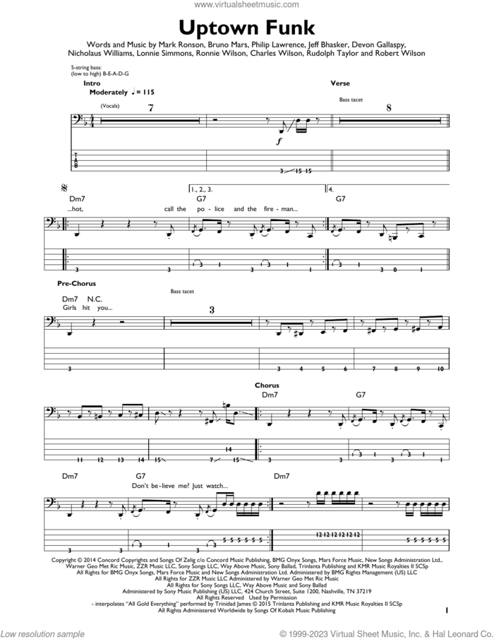 Uptown Funk (feat. Bruno Mars) sheet music for bass solo by Mark Ronson, Bruno Mars, Charles Wilson, Devon Gallaspy, Jeff Bhasker, Lonnie Simmons, Nicholaus Williams, Philip Lawrence, Robert Wilson, Ronnie Wilson and Rudolph Taylor, intermediate skill level