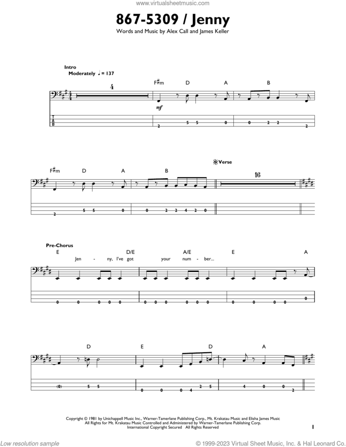 867-5309/Jenny sheet music for bass solo by Tommy Tutone, Alex Call and James Keller, intermediate skill level