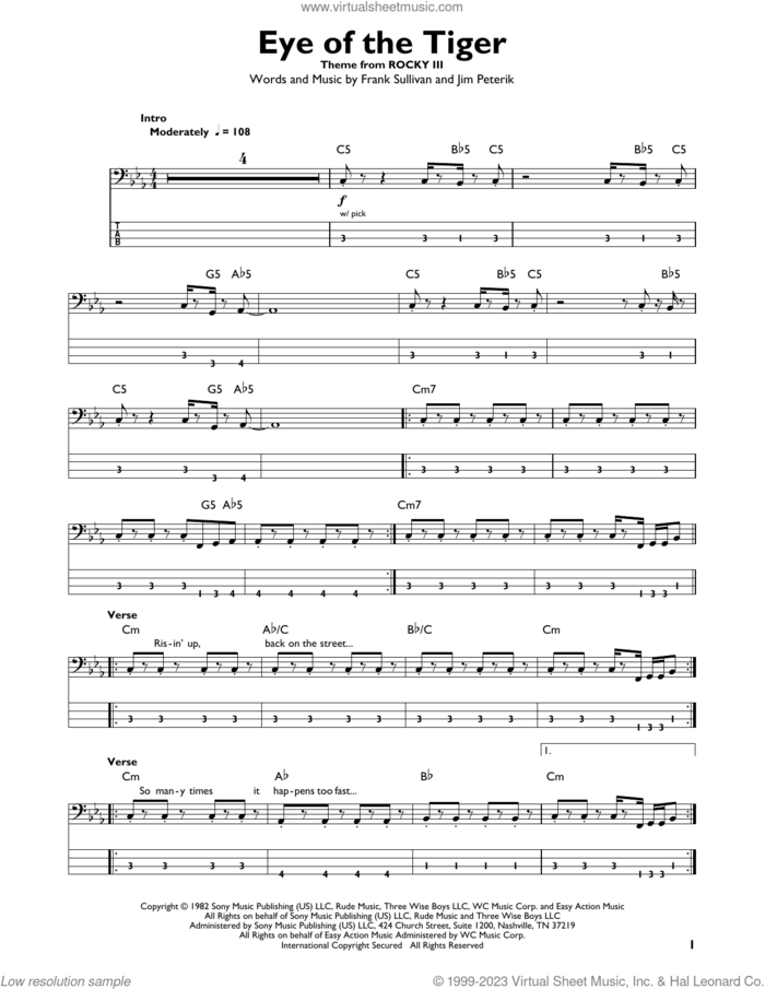 Eye Of The Tiger sheet music for bass solo by Survivor, Frank Sullivan and Jim Peterik, intermediate skill level