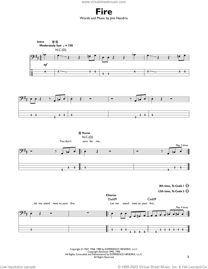 Fire sheet music for bass solo by Jimi Hendrix, intermediate skill level