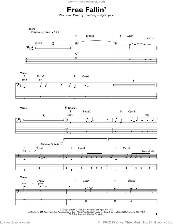 Free Fallin' sheet music for bass solo by Tom Petty and Jeff Lynne, intermediate skill level