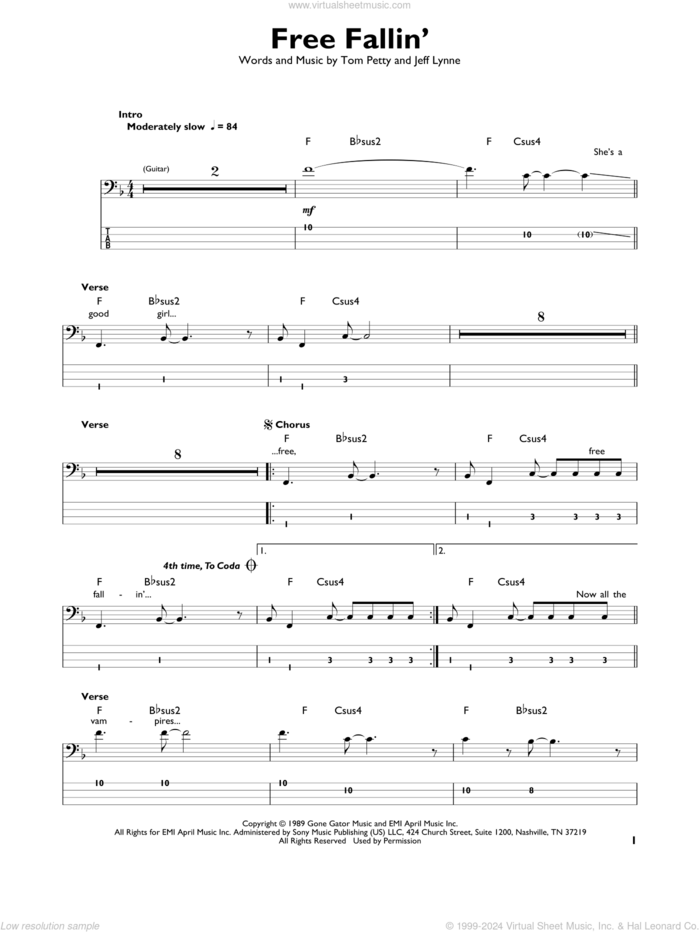 Free Fallin' sheet music for bass solo by Tom Petty and Jeff Lynne, intermediate skill level