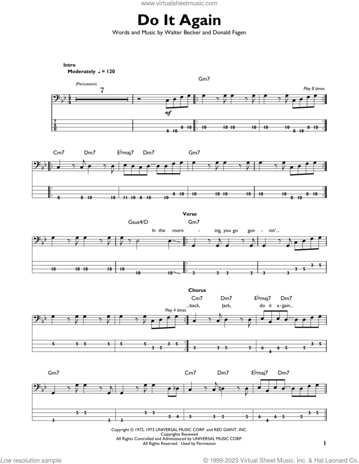 Do It Again sheet music for bass solo by Steely Dan, Donald Fagen and Walter Becker, intermediate skill level