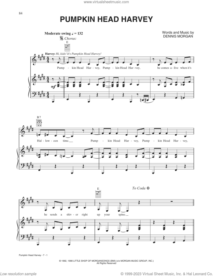 Pumpkin Head Harvey sheet music for voice, piano or guitar by Dennis Morgan, intermediate skill level