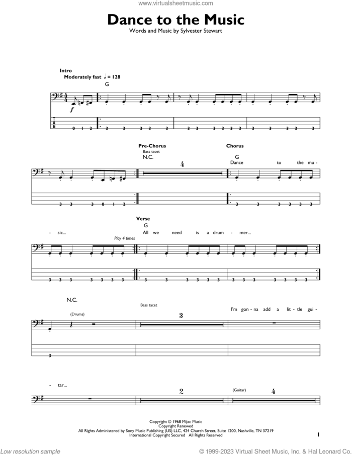 Dance To The Music sheet music for bass solo by Sly & The Family Stone and Sylvester Stewart, intermediate skill level