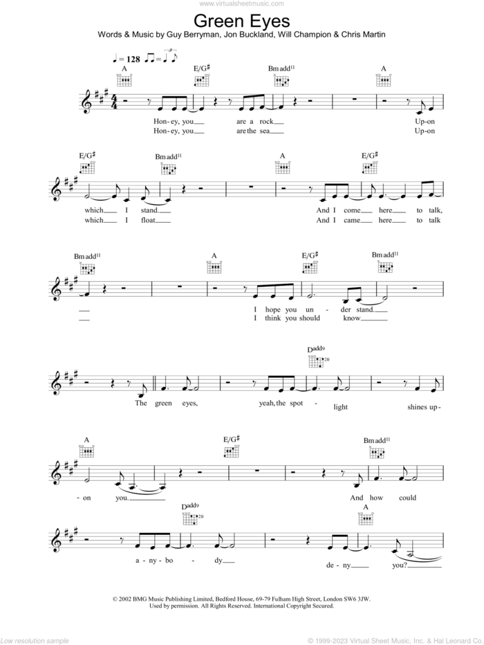 Green Eyes sheet music for voice and other instruments (fake book) by Coldplay, intermediate skill level