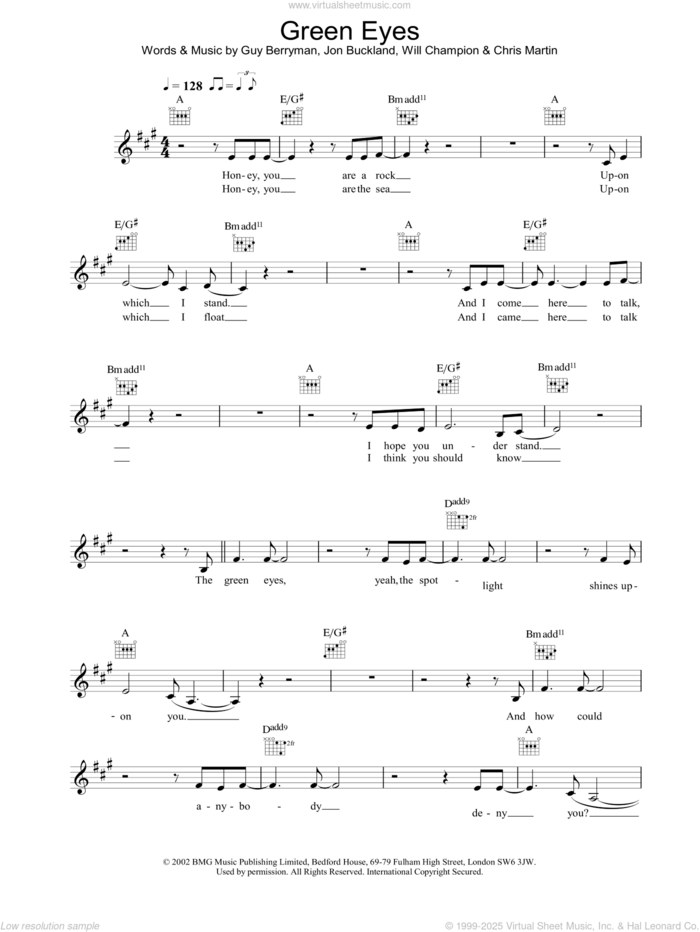 Green Eyes sheet music for voice and other instruments (fake book) by Coldplay, intermediate skill level