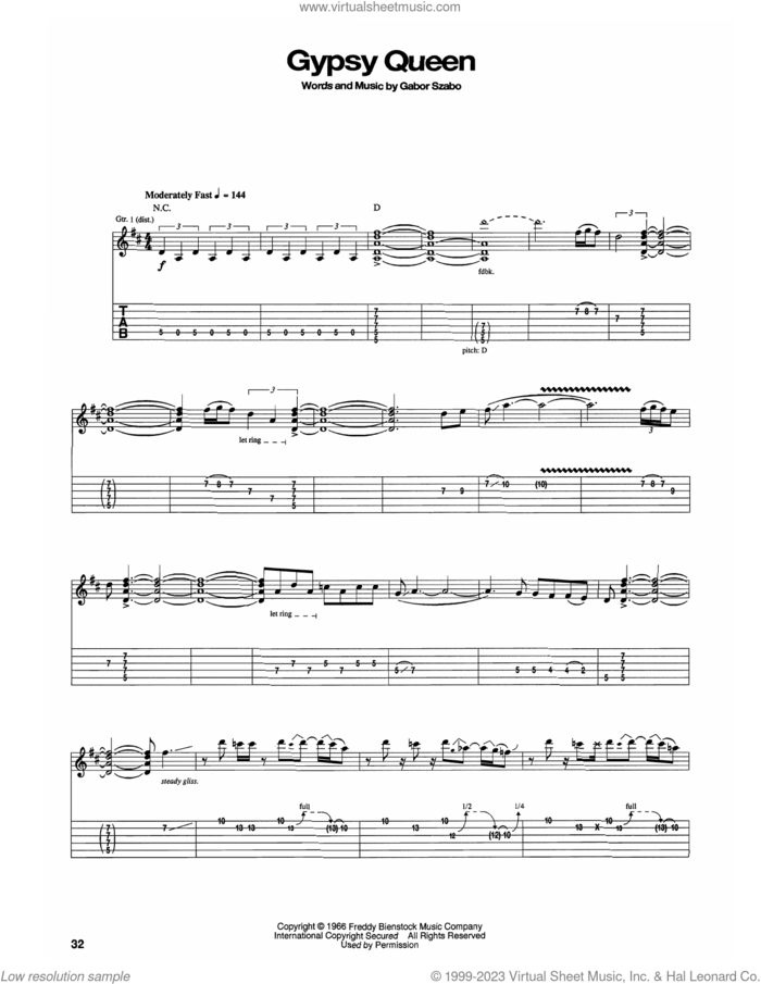 Gypsy Queen sheet music for guitar (tablature) by Carlos Santana and Gabor Szabo, intermediate skill level