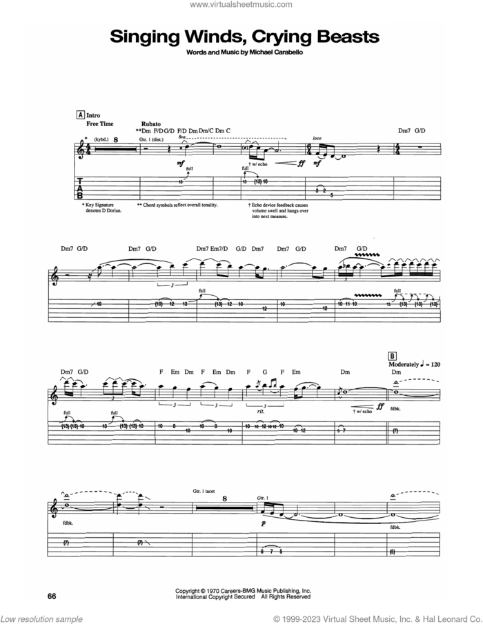 Singing Winds, Crying Beasts sheet music for guitar (tablature) by Carlos Santana and Michael Carabello, intermediate skill level