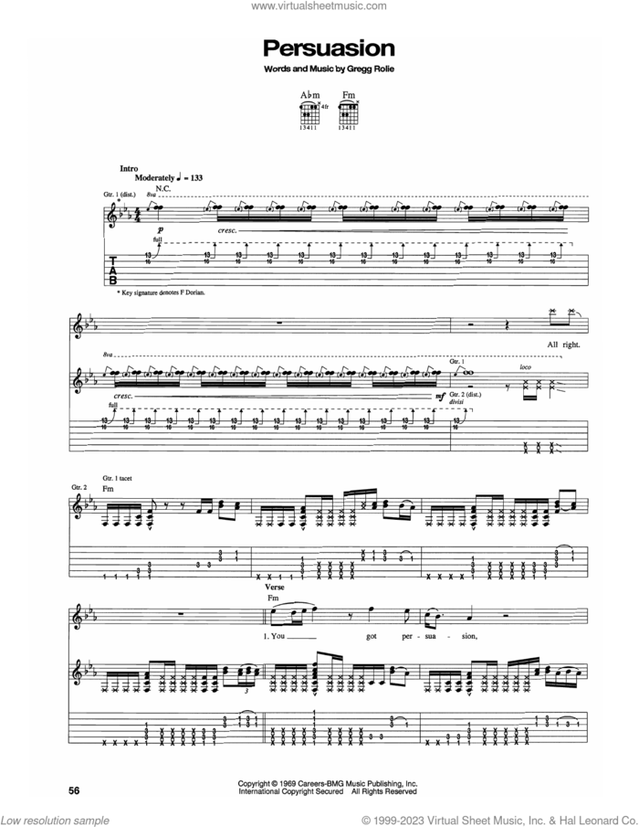 Persuasion sheet music for guitar (tablature) by Carlos Santana and Gregg Rolie, intermediate skill level