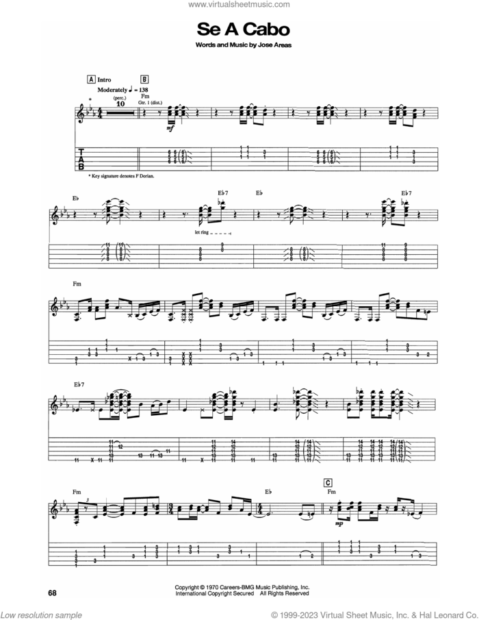 Se A Cabo sheet music for guitar (tablature) by Carlos Santana and Jose Areas, intermediate skill level