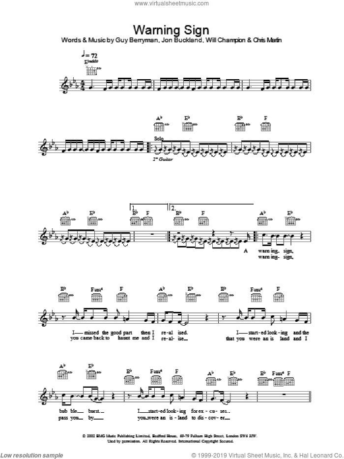 Warning Sign sheet music for voice and other instruments (fake book) by Coldplay, intermediate skill level