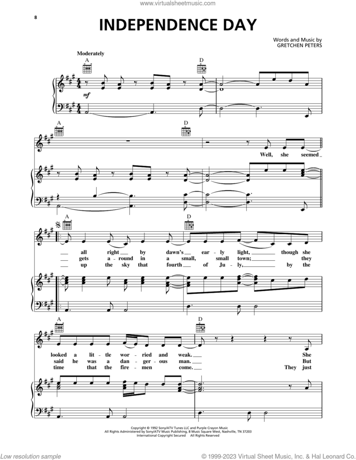 Independence Day sheet music for voice, piano or guitar by Martina McBride and Gretchen Peters, intermediate skill level