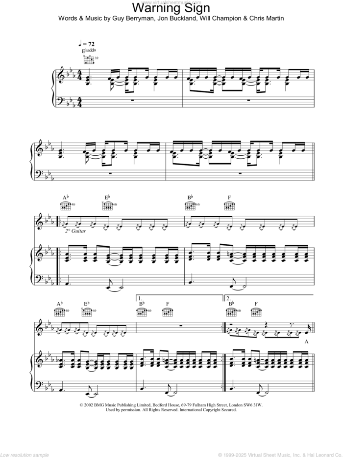 Warning Sign sheet music for voice, piano or guitar by Coldplay, intermediate skill level