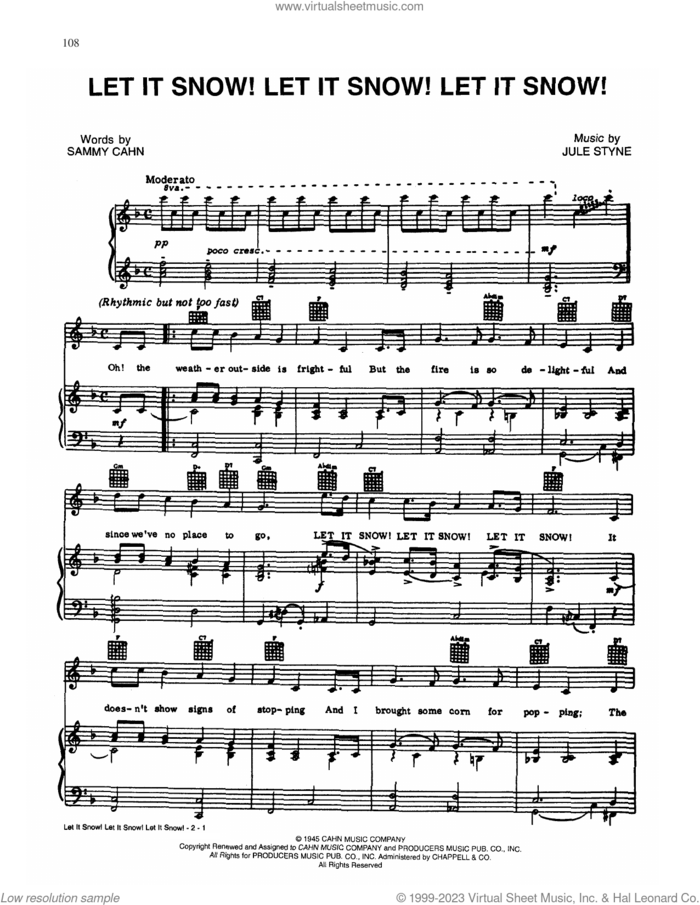 Let It Snow! Let It Snow! Let It Snow! sheet music for voice, piano or guitar by Sammy Cahn and Jule Styne, intermediate skill level