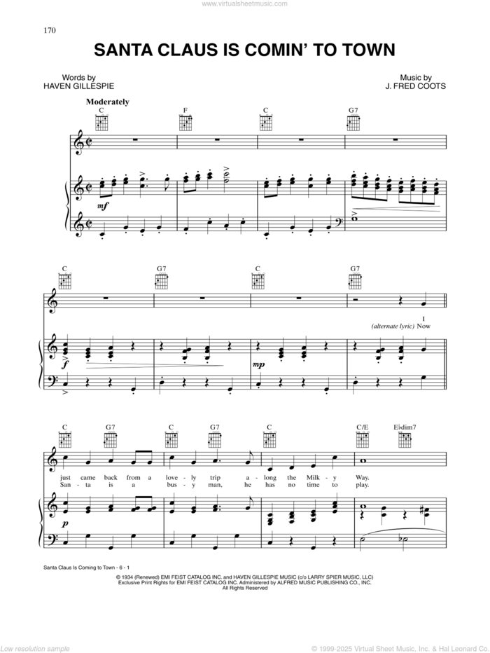 Santa Claus Is Comin' To Town sheet music for voice, piano or guitar by J. Fred Coots and Haven Gillespie, intermediate skill level