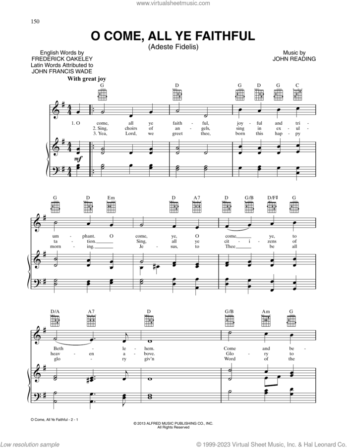 O Come, All Ye Faithful sheet music for voice, piano or guitar by John Francis Wade and Frederick Oakeley (English), intermediate skill level