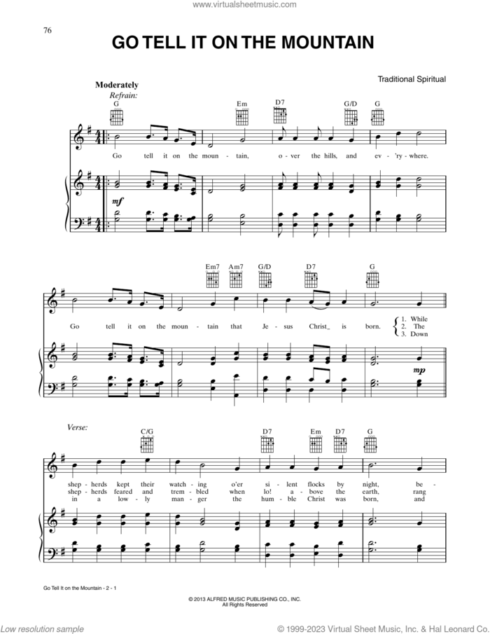 Go, Tell It On The Mountain sheet music for voice, piano or guitar by John W. Work, Jr. and Miscellaneous, intermediate skill level