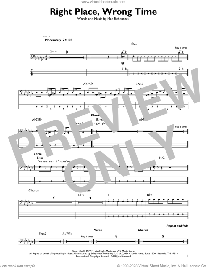 Right Place, Wrong Time sheet music for bass solo by Dr. John and Mac Rebennack, intermediate skill level