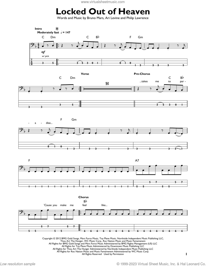 Locked Out Of Heaven sheet music for bass solo by Bruno Mars, Ari Levine and Philip Lawrence, intermediate skill level