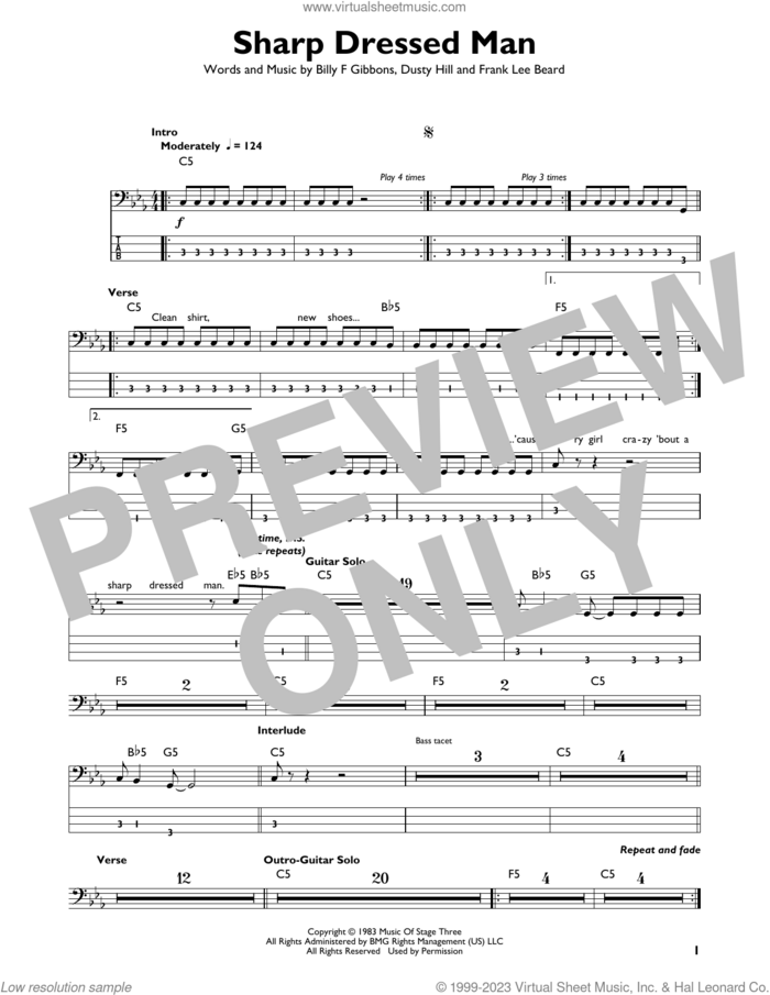 Sharp Dressed Man sheet music for bass solo by ZZ Top, Billy Gibbons, Dusty Hill and Frank Beard, intermediate skill level