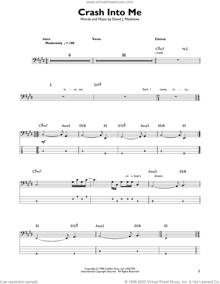Crash Into Me sheet music for bass solo by Dave Matthews Band, intermediate skill level