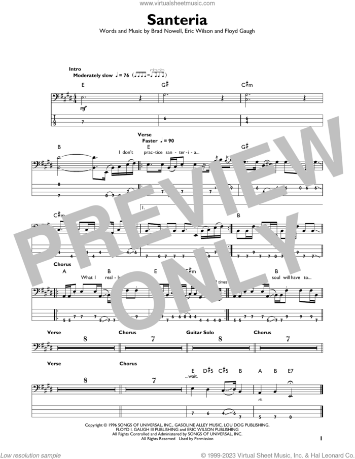 Santeria sheet music for bass solo by Sublime, Brad Nowell, Eric Wilson and Floyd Gaugh, intermediate skill level