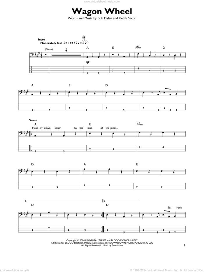 Wagon Wheel sheet music for bass solo by Old Crow Medicine Show, Bob Dylan and Ketch Secor, intermediate skill level