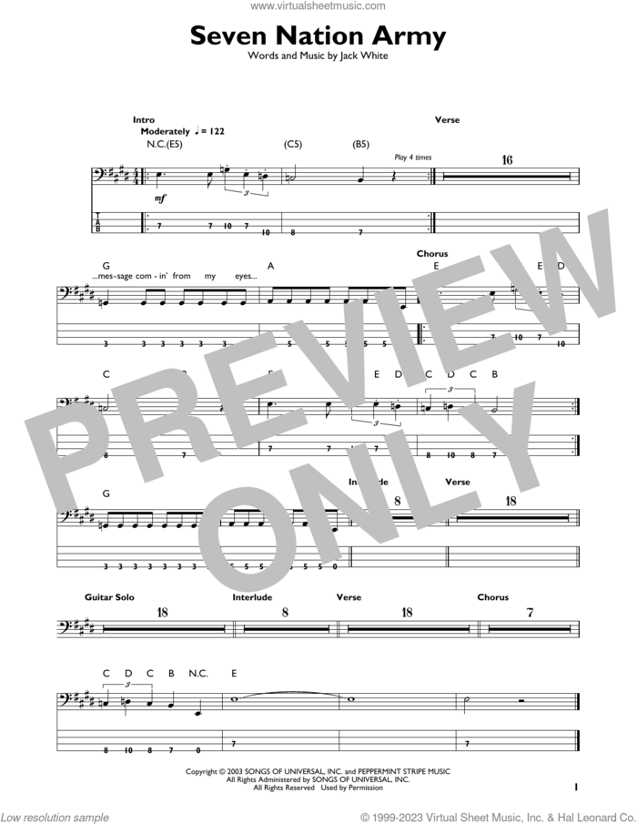 Seven Nation Army sheet music for bass solo by White Stripes and Jack White, intermediate skill level