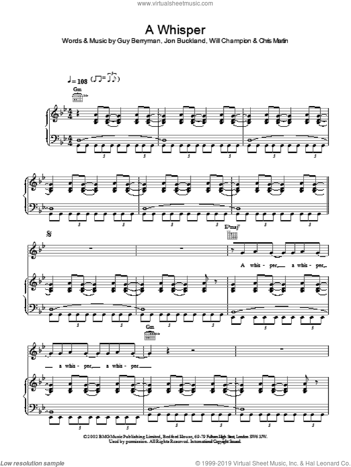 A Whisper sheet music for voice, piano or guitar by Coldplay, intermediate skill level