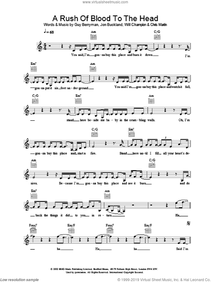 A Rush Of Blood To The Head sheet music for voice and other instruments (fake book) by Coldplay, intermediate skill level