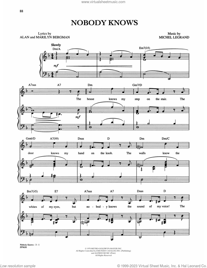 Nobody Knows sheet music for voice, piano or guitar by Alan and Marilyn Bergman and Michel Legrand, Alan Bergman, Marilyn Bergman and Michel LeGrand, intermediate skill level
