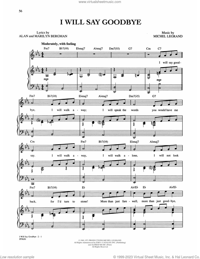 I Will Say Goodbye sheet music for voice, piano or guitar by Alan and Marilyn Bergman and Michel Legrand, Alan Bergman, Edmond David Bacri, Marilyn Bergman and Michel LeGrand, intermediate skill level