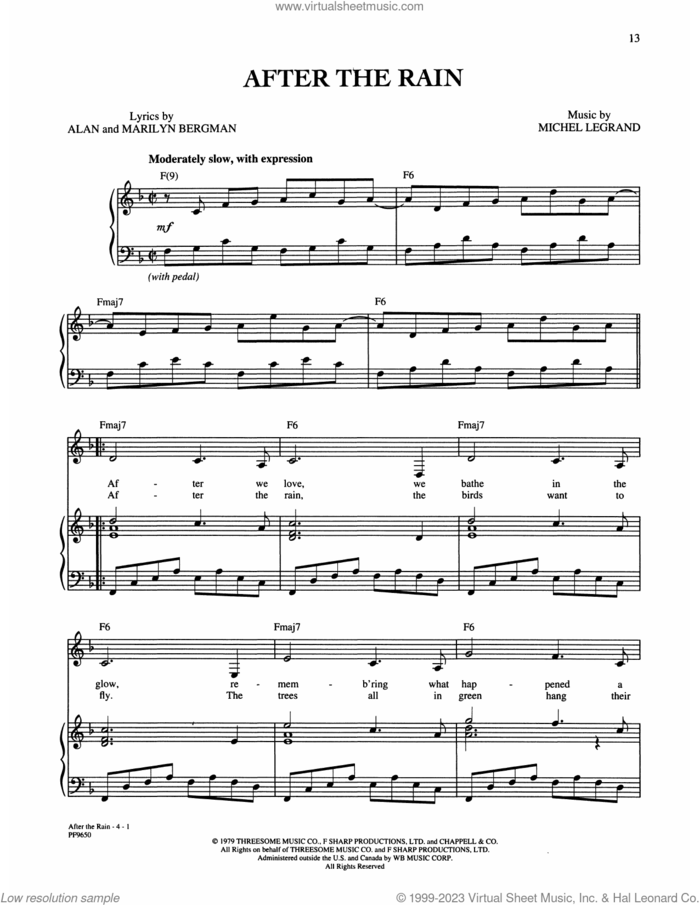 After The Rain sheet music for voice, piano or guitar by Alan and Marilyn Bergman and Michel Legrand, Alan Bergman, Marilyn Bergman and Michel LeGrand, intermediate skill level