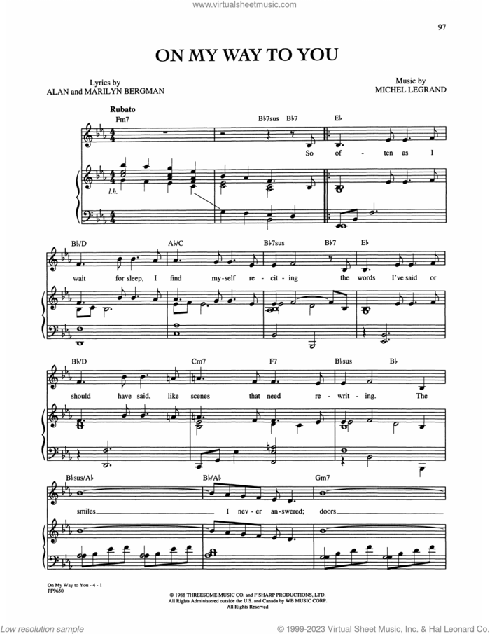 On My Way To You sheet music for voice, piano or guitar by Alan and Marilyn Bergman and Michel Legrand, Alan Bergman, Marilyn Bergman and Michel LeGrand, intermediate skill level