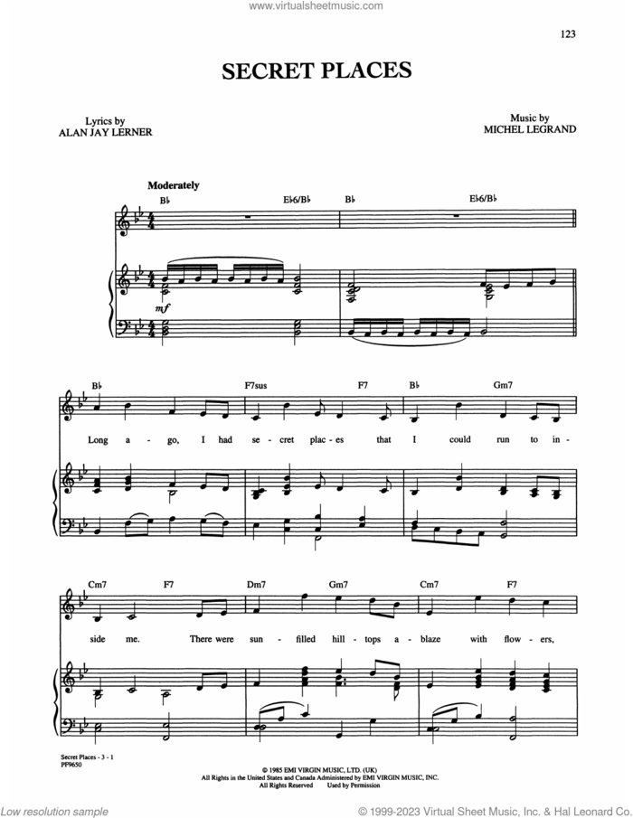 Secret Places sheet music for voice, piano or guitar by Alan Jay Lerner and Michel Legrand, Alan Jan Lerner and Michel LeGrand, intermediate skill level