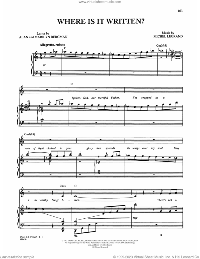 Where Is It Written? sheet music for voice, piano or guitar by Alan and Marilyn Bergman and Michel Legrand, Alan Bergman, Marilyn Bergman and Michel LeGrand, intermediate skill level